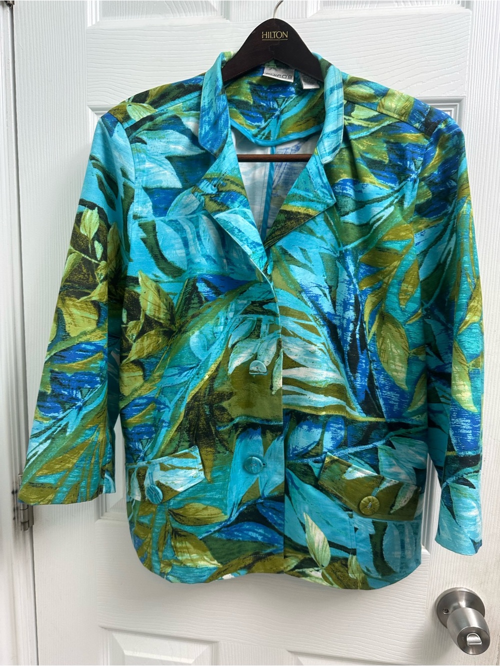 Chico’s Tropical Turquoise Leaf Print Jacket-Sz XL